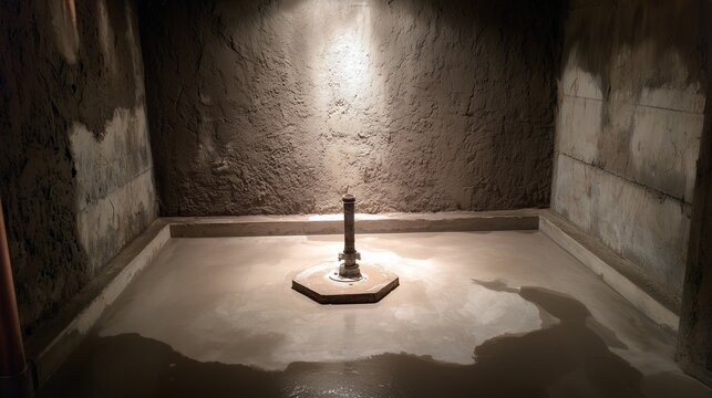 Basement sump pump installation emergency repair with pipe drainage and concrete pit under focused light.