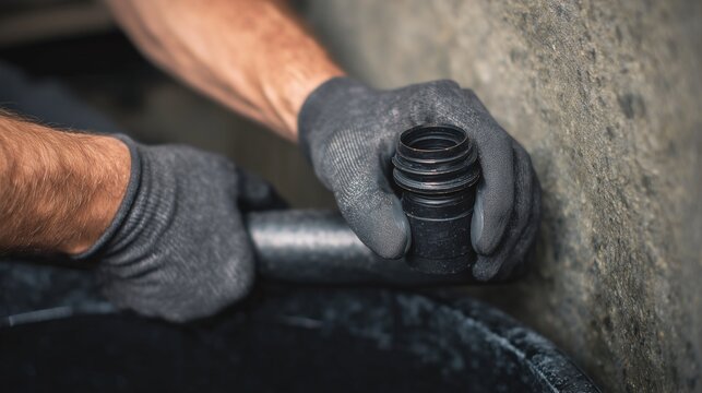 Technician installing or repairing a sump pump pipe at a concrete pit for emergency drainage and water removal.