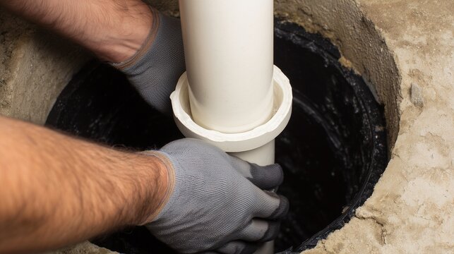 Technician installing sump pump pipe into a basement pit, plumber hand guiding pvc pipe and coupling during sump pump installation and pipe service.