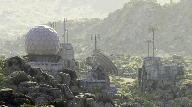meteorological radar dome perched on rocky slope, large geodesic sphere and smaller dishes visible bright diffuse light, focus on weather observation, climate
