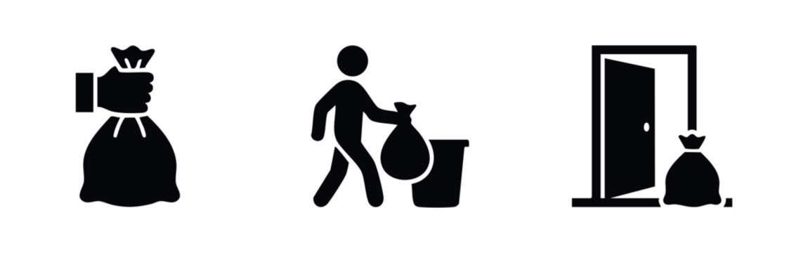 Vector icons for waste disposal: hand holding a trash bag, person taking out the garbage, and a bag outside an open door. Simple black and white.
