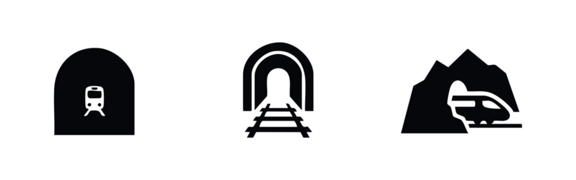 Set of three minimalist black icons representing train tunnels, railway tracks, and high-speed trains. Clean flat design on a white background.
