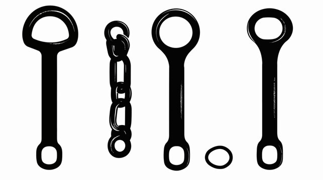 A white background hosts stylized black objects, including loops, chains, and elongated forms