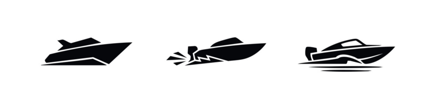 A set of three minimalist black speedboat silhouettes on a white background, symbolizing speed, modern maritime design, and aquatic adventure.