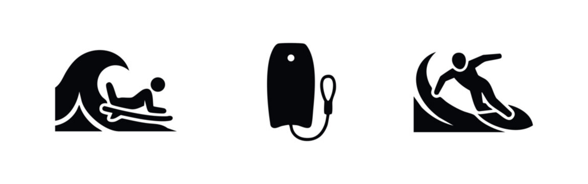 Black minimalist icons showing bodyboarding and water sports, featuring riders on ocean waves and a bodyboard with a leash on a white background.