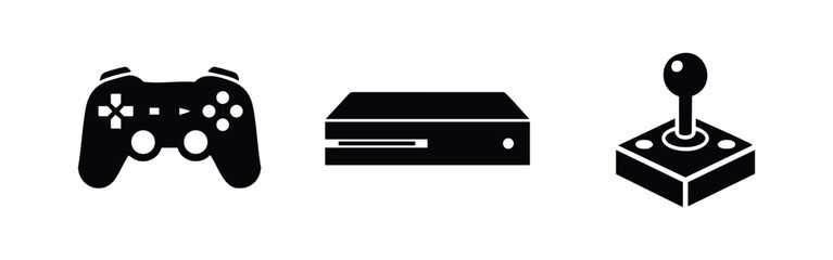 Set of minimalist black icons representing a modern gamepad, video game console, and retro joystick isolated on a white background. © Lili