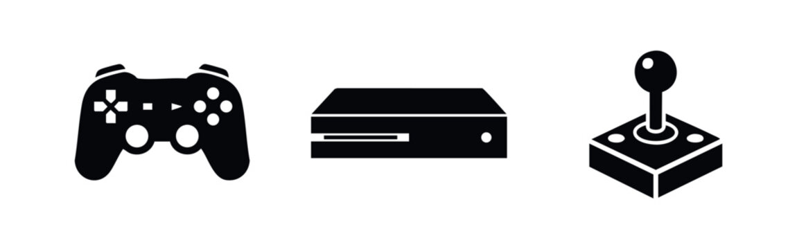 Set of minimalist black icons representing a modern gamepad, video game console, and retro joystick isolated on a white background.