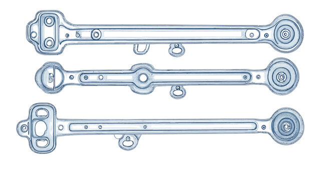 Three abstract, metallic-looking elongated shapes with varying end designs and ring-like details