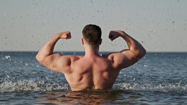 Strong back shows wet muscles. Strong body poses near waves. Athletic strong concept shows motivation. Summer strong pose feels dynamic.