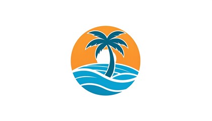 Obraz premium Stylized tropical beach scene with a palm tree, sun, and ocean waves
