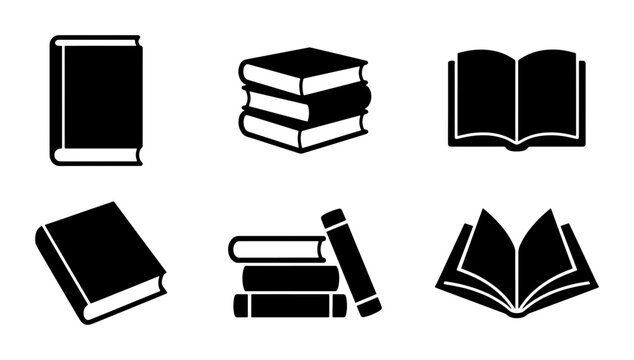 Set of 6 Black Vector Icons: Open and Closed Books, Stacked Literature, Reading Symbols for Education, Knowledge, and Library Concepts
