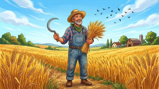 Farmer holding sickle and wheat in a golden field