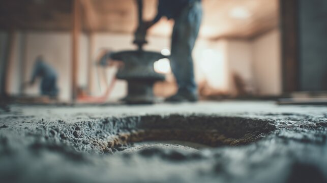 Worker installing sump pump drain pipe in concrete floor during emergency repair with basin hole and tool for drainage setup.
