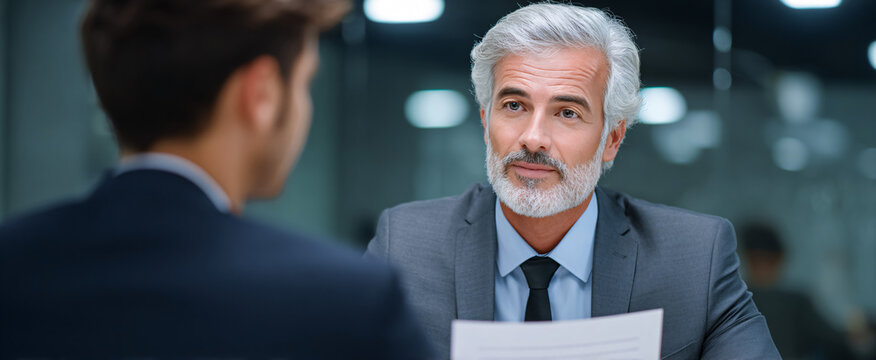 Seasoned male corporate executive interviewing a young man while looking over a resume in a sleek office.
