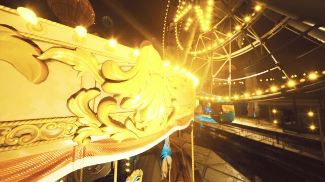Illuminated spinning crown radiates dazzling golden light. Brightly illuminated rides featuring shining carousel crowns glowing intensely with gold