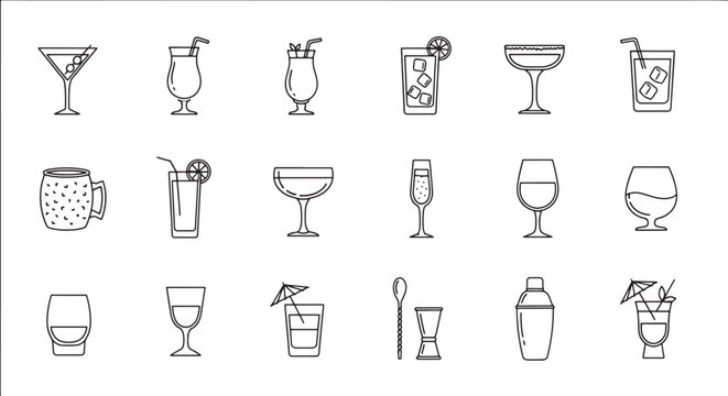 Set of hand drawn cocktail and beverage icons for bar menu design and drink illustrations