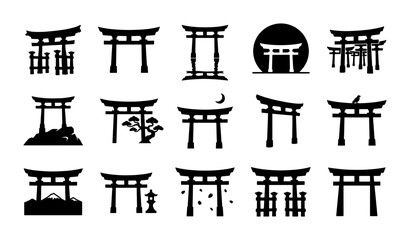 Japanese Torii Gate Vector Icons Set, Traditional Shinto Shrine Entrance Symbols, Black Silhouette Architecture Collection for Cultural and Spiritual Design © JASHIM