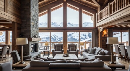 Naklejka premium Luxurious mountain chalet living room with fireplace and panoramic windows showcasing a snowy landscape and majestic peaks, perfect for winter resort or luxury travel.