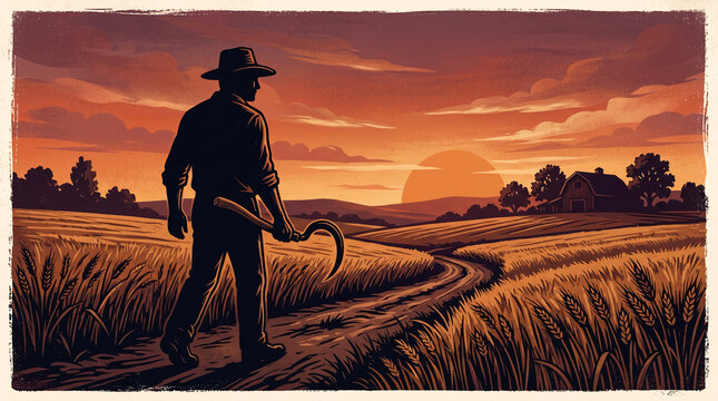 Farmer with sickle at sunset over wheat field.