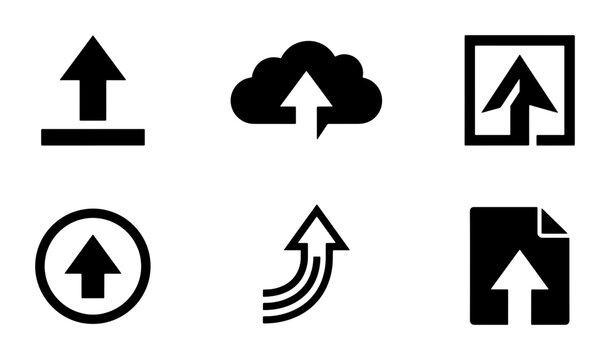Upload Icons Set, Data Transfer Symbols, Cloud Storage Arrows, Digital File Upload Graphics, Network Connectivity Icons, Vector Collection