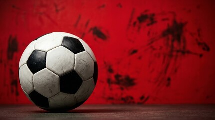 Naklejka premium A classic black and white soccer ball rests on a dark surface against a vibrant red textured background, evoking sport and competition.