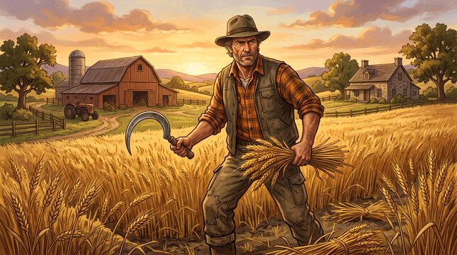 Farmer with sickle and wheat bundle at sunset