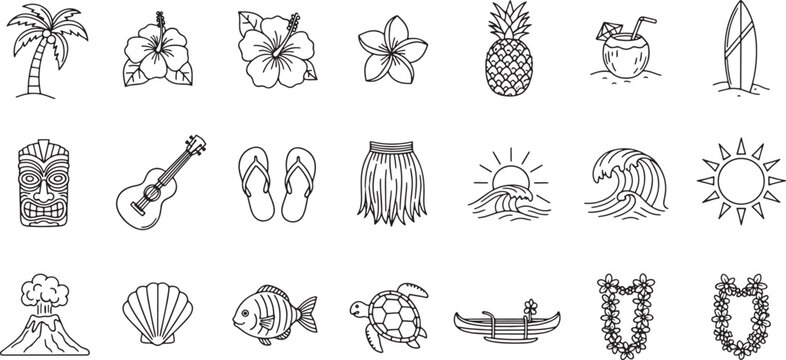Set of hand drawn tropical island icons featuring palm trees flowers pineapple surfboard ukulele and sea life