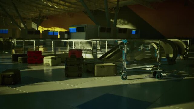empty baggage conveyor with trolleys and stacked crates under greenish light, metal surfaces and monitors visible, industrial terminal feel with implied