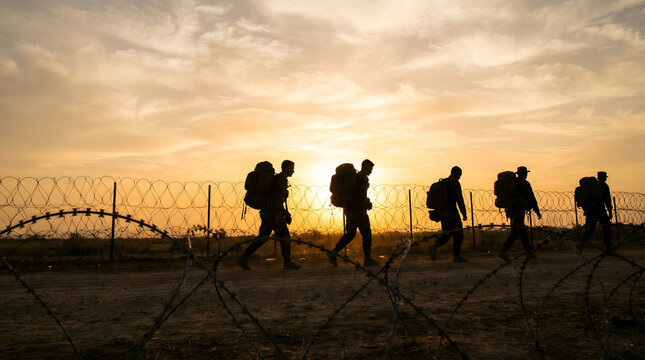 silhouette of refugees walking along a fence at sunset