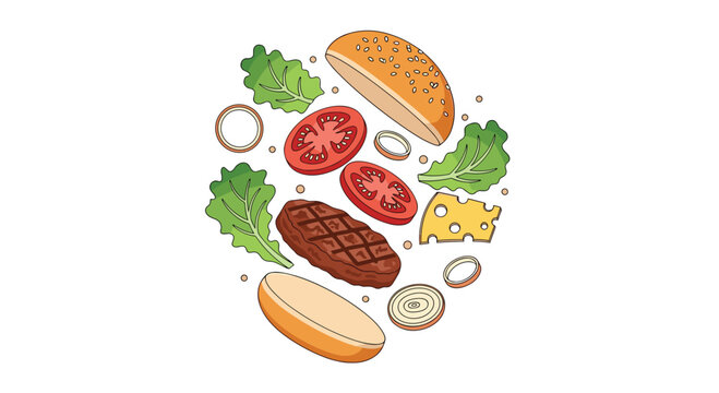 A deconstructed hamburger featuring fresh ingredients like grilled meat, crisp lettuce, tomato slices, cheese, and onion rings arranged in a floating composition on a plain backgro