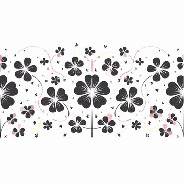 Seamless Pattern of Black Four-Leaf Clovers and Flowers