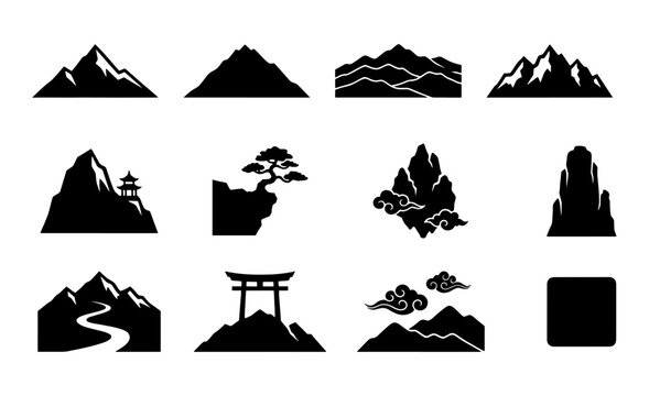 Set of 12 Black Silhouette Mountain and Landscape Icons, Japanese Torii Gate, Pagoda, Bonsai Tree, and Clouds, Vector Graphics for Nature and Travel Designs