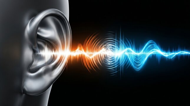 Human ear silhouette captures vibrant sound waves represented by bright orange and electric blue digital frequencies against a dark background