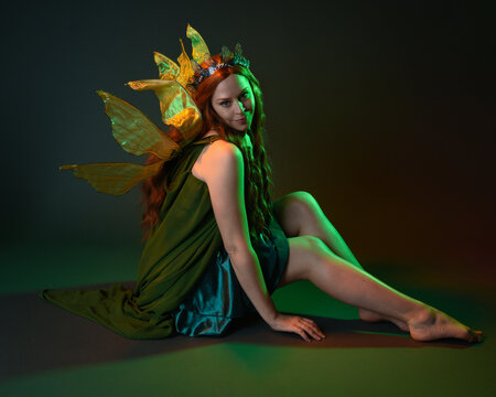 portrait of female model wearing fantasy fairy costume, green dress, cloak, butterfly wings and crown. full length sitting pose, kneeling on floor, dark studio background.