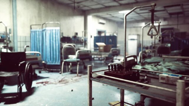 Derelict hospital ward with cluttered equipment and scattered instruments, stained floor and folded privacy curtains, worn trolleys and unused monitors, cold