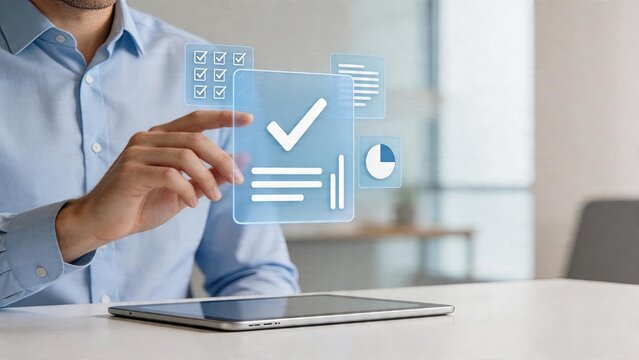 Businessman interacting with digital hologram interface analyzing data charts and checking tasks futuristic office work concept modern technology usage for project management