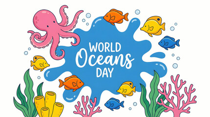 Obraz premium World Oceans Day illustration with colorful sea creatures