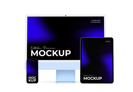 Computer Monitor with Phone and Tablet Multi-Device Screen Mockup