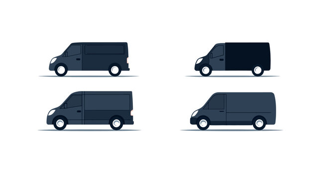 Four pixelated dark grey cargo vans, each with different configurations, against a white background