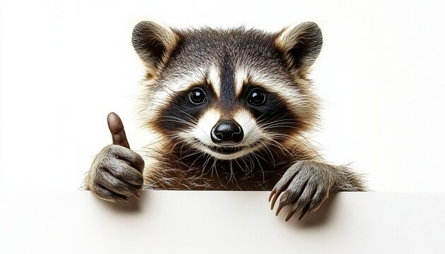 Adorable Raccoon Giving a Thumbs Up Gesture on a Clean White Background for Positive Vibes