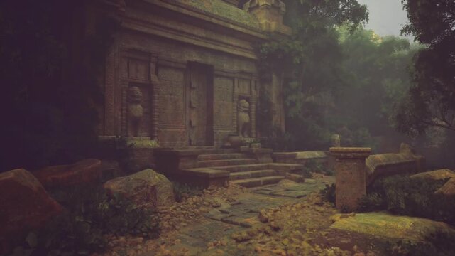 brooding temple facade amid dense canopy, deep shadows accentuating basreliefs, humid air and quiet stillness, field researcher studying architectural details