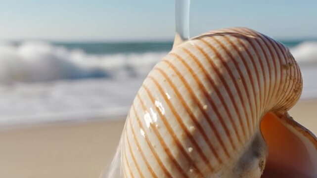 Close up of a textured seashell on a sunny beach with ocean waves in background