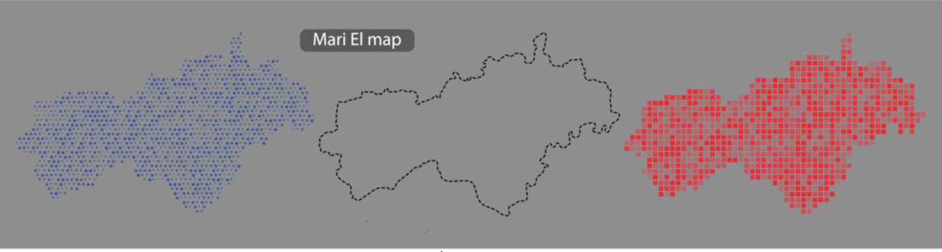 A pixelated map of mari el republic in russia with blue and red mosaic patterns on a gray background with a black outline