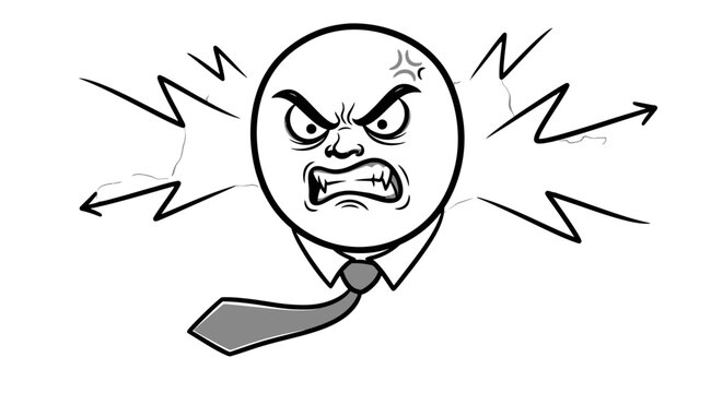 An angry cartoon face with a tie, radiating intense frustration and aggression with sharp lines and a scowling expression.