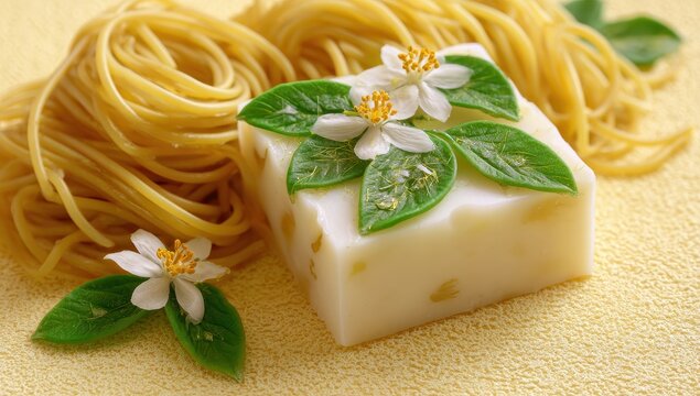 A Square White Soap Topped With Green Leaves And White Wood Sorrel Flowers With Yellow Noodles In The Background On A Textured Yellow Surface With Soft Lighting And Sparkle Effect