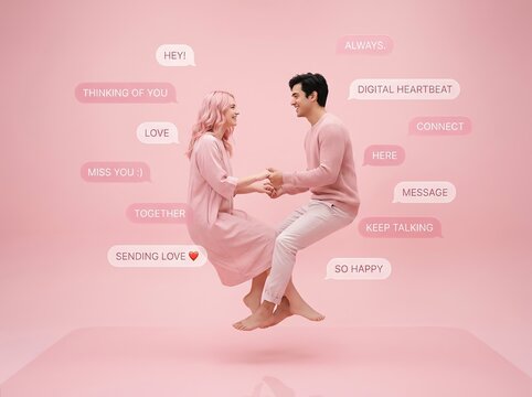 Digital Love Couple Connected Through Romantic Text Messages