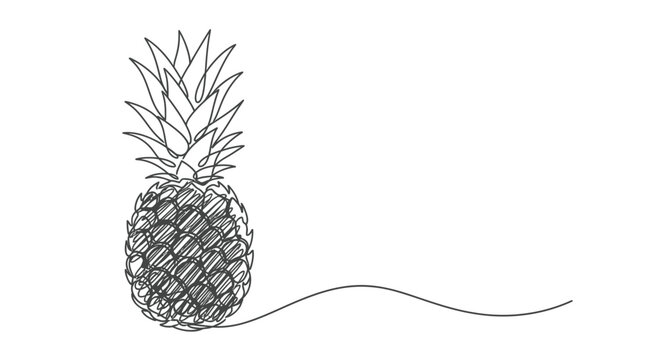 Single pineapple drawn with a continuous line and swirl white background line art one line dra
