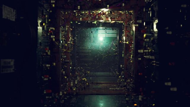 empty subway tunnel lit by distant neon, scattered debris, graffitiscarred walls, damp platforms, deep echo, moody cinematic frame evoking abandonment