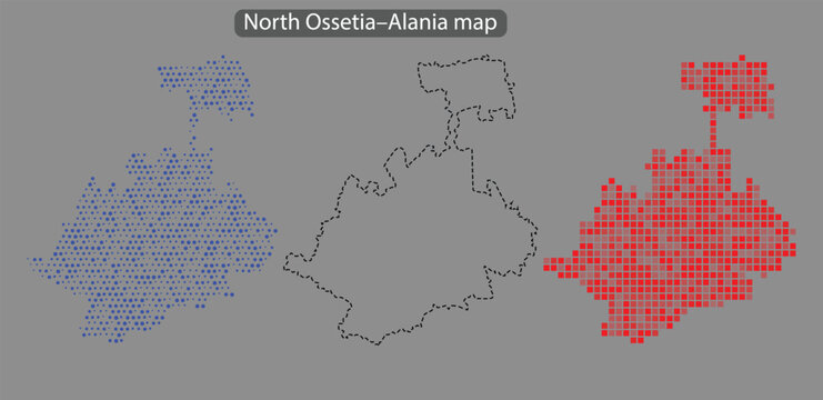 North ossetiaalania map in blue and red pixel art on gray background with black outline