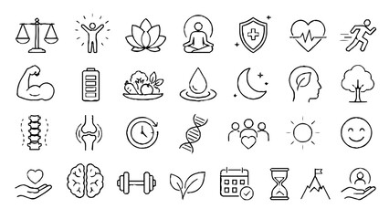 Naklejka premium Wellness and Health Line Icons Set with Yoga Fitness Mind and Lifestyle Symbols